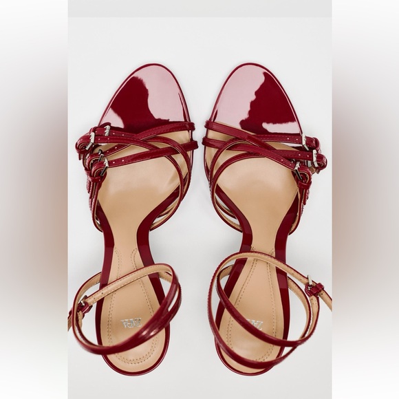 ZARA RED FAUX LEATHER HIGH HEELED STRAP SANDALS - Picture 4 of 15